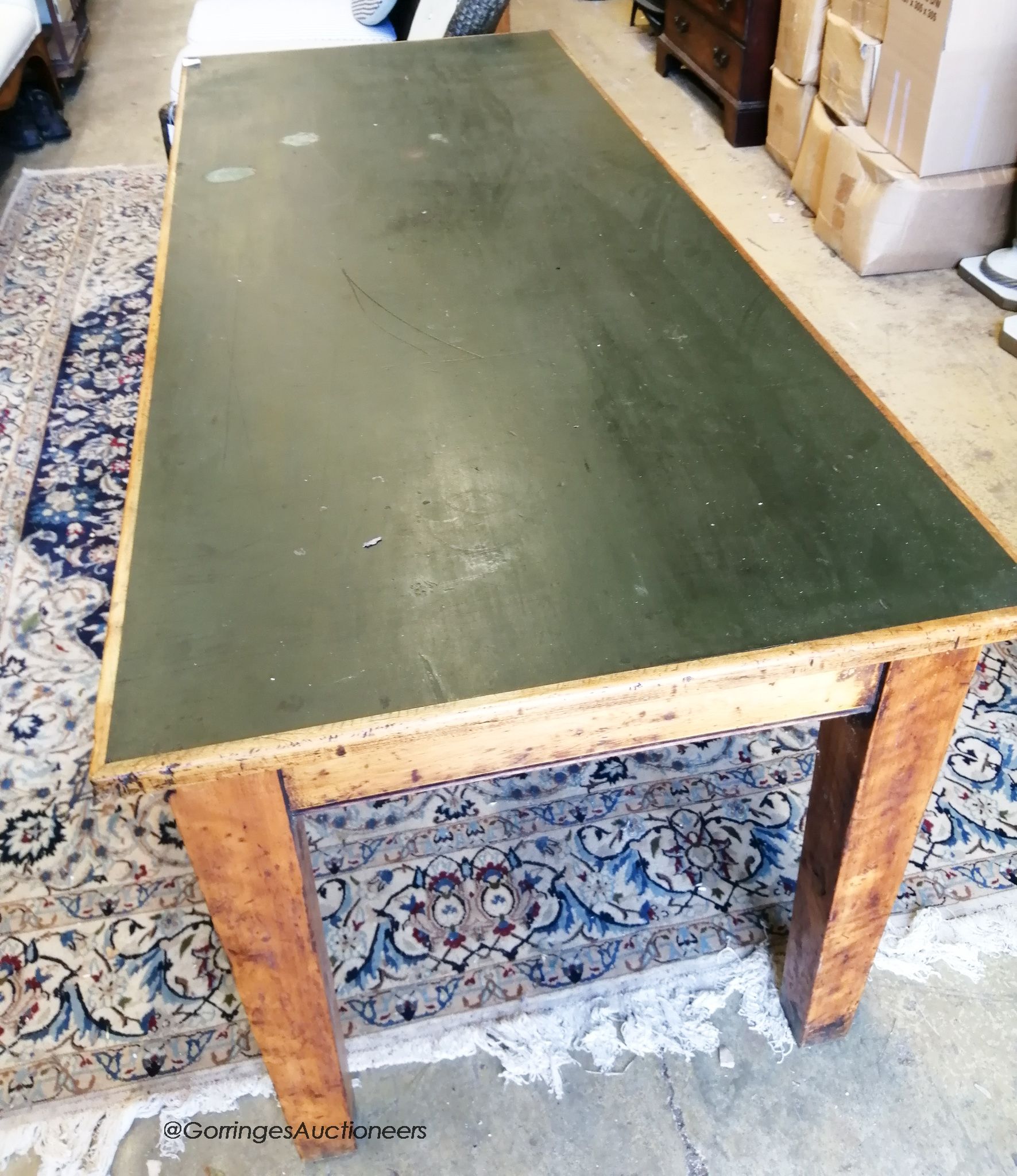 A 20th century RAF rectangular fruitwood plan table, marked GR V1, P1 Cambridge 1937 on underside, W-183cm, D-76cm, H-75cm.